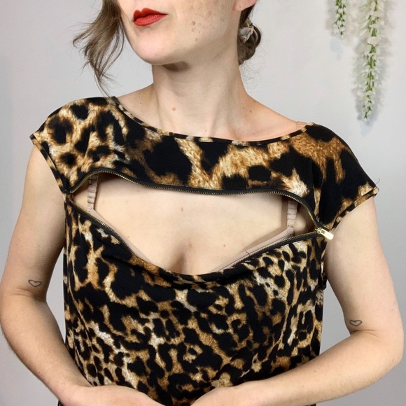 CALVIN KLEIN leopard print gold zipper dress cutout rave 1705 - Picture 7 of 10